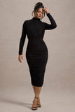 Dasha Black Ruched High-Neck Long-Sleeve Midi Dress