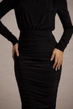 Dasha Black Ruched High-Neck Long-Sleeve Midi Dress