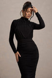Dasha Black Ruched High-Neck Long-Sleeve Midi Dress