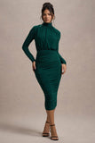 Dasha Bottle Green Ruched High-Neck Long-Sleeve Midi Dress