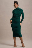 Dasha Bottle Green Ruched High-Neck Long-Sleeve Midi Dress