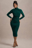 Dasha Bottle Green Ruched High-Neck Long-Sleeve Midi Dress