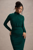 Dasha Bottle Green Ruched High-Neck Long-Sleeve Midi Dress
