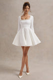 Wilder White Square-Neck Long-Sleeve Skater Mini Dress