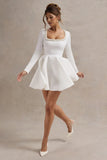 Wilder White Square-Neck Long-Sleeve Skater Mini Dress