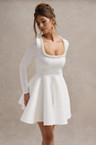 Wilder White Square-Neck Long-Sleeve Skater Mini Dress