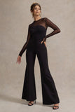Iggy Black Flared-Leg Jumpsuit With Mesh Sleeves