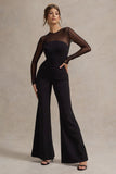 Iggy Black Flared-Leg Jumpsuit With Mesh Sleeves