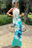 Tropicana Blue Floral Satin Cross Over Halterneck Maxi Dress