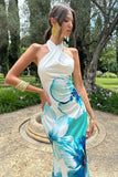 Tropicana Blue Floral Satin Cross Over Halterneck Maxi Dress