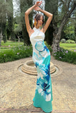 Tropicana Blue Floral Satin Cross Over Halterneck Maxi Dress