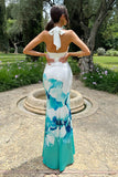 Tropicana Blue Floral Satin Cross Over Halterneck Maxi Dress