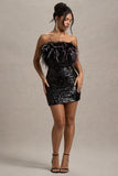 Starlit Black Sequin Bardot Mini Dress With Feather Trim