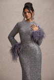 North Star Silver Sequin Long-Sleeve Midi Dress With Feather Cuffs