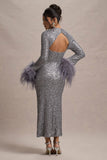 North Star Silver Sequin Long-Sleeve Midi Dress With Feather Cuffs