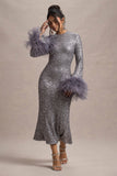 North Star Silver Sequin Long-Sleeve Midi Dress With Feather Cuffs