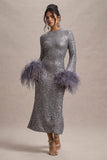 North Star Silver Sequin Long-Sleeve Midi Dress With Feather Cuffs