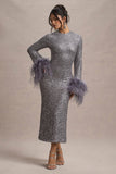 North Star Silver Sequin Long-Sleeve Midi Dress With Feather Cuffs