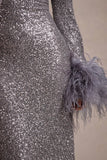 North Star Silver Sequin Long-Sleeve Midi Dress With Feather Cuffs