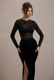 Loving Look Black Lace Long-Sleeve Twisted Split Maxi Dress