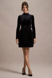Charm Black Velvet Turtleneck Long-Sleeve Belted Mini Dress