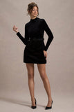 Charm Black Velvet Turtleneck Long-Sleeve Belted Mini Dress