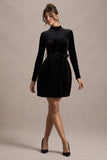 Charm Black Velvet Turtleneck Long-Sleeve Belted Mini Dress