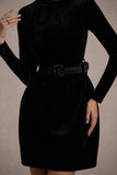 Charm Black Velvet Turtleneck Long-Sleeve Belted Mini Dress