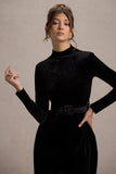 Charm Black Velvet Turtleneck Long-Sleeve Belted Mini Dress