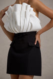 Clare Black & White Ruffled Strapless Tailored Mini Dress