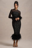 Afterglow Black Sequin Long-Sleeve Midi Dress With Feather Trims
