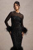 Afterglow Black Sequin Long-Sleeve Midi Dress With Feather Trims
