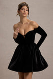 Ottie Black Velvet Bardot Skater Mini Dress