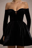 Ottie Black Velvet Bardot Skater Mini Dress