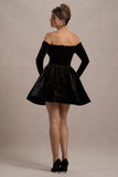 Ottie Black Velvet Bardot Skater Mini Dress