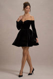 Ottie Black Velvet Bardot Skater Mini Dress