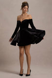 Ottie Black Velvet Bardot Skater Mini Dress