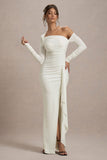 Nerina Cream Asymmetric Long-Sleeve Split Maxi Dress