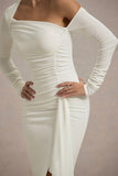 Nerina Cream Asymmetric Long-Sleeve Split Maxi Dress