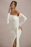 Nerina Cream Asymmetric Long-Sleeve Split Maxi Dress