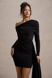 Savita Black Ruched Asymmetric Mini Dress With Drape
