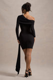 Savita Black Ruched Asymmetric Mini Dress With Drape