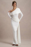 Valina White Ruched Asymmetric Maxi Dress With Drape