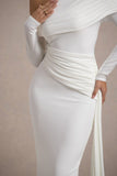 Valina White Ruched Asymmetric Maxi Dress With Drape