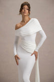 Valina White Ruched Asymmetric Maxi Dress With Drape