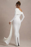 Valina White Ruched Asymmetric Maxi Dress With Drape