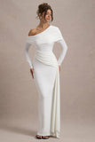 Valina White Ruched Asymmetric Maxi Dress With Drape