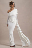 Valina White Ruched Asymmetric Maxi Dress With Drape