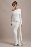 Valina White Ruched Asymmetric Maxi Dress With Drape