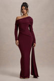 Valina Burgundy Ruched Asymmetric Maxi Dress With Drape